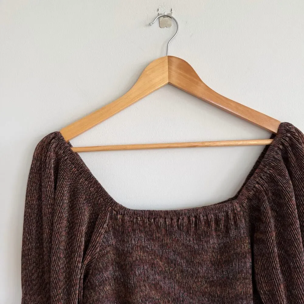 Anthropologie Bishop Smocked Metallic Shimmer Bell Sleeve Cropped Blouse Brown M